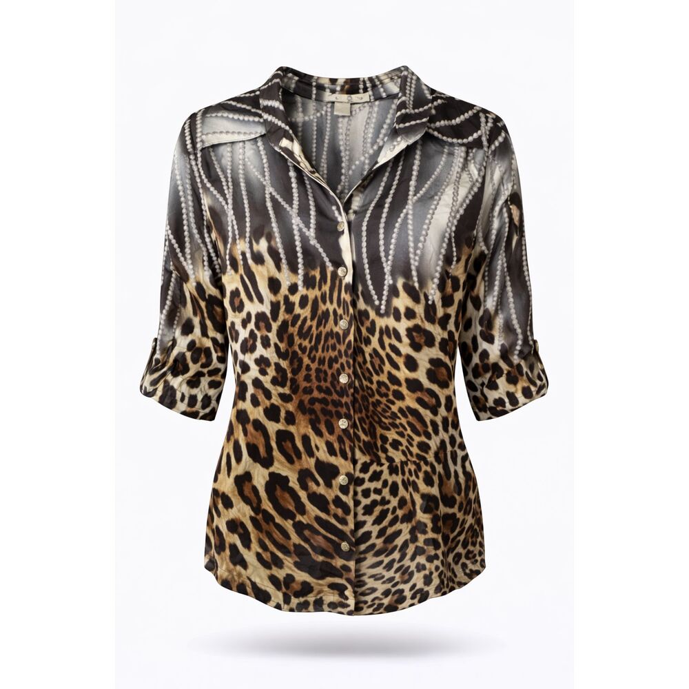 Cache Silk Leopard Print Blouse Large Animal Print Button Front Top